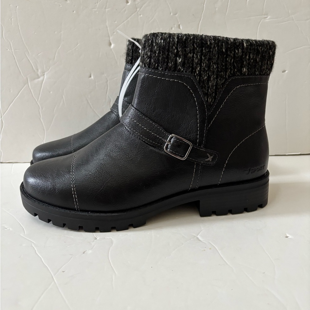 Women's Black Faux-Leather Ankle Boots with Knit Cuff NEW WITH OUT BOX